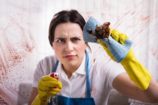 Close Young Woman Cleaning Stained Glass Window Rag — Stock Photo, Image