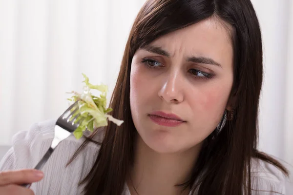 Contemplated Young Woman Holding Cabbage Salad Fork — Stock Photo, Image