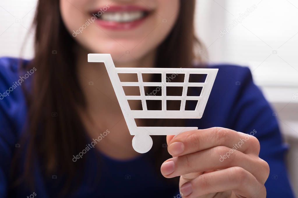 Close-up Of A Woman's Hand Holding Small White Shopping Cart