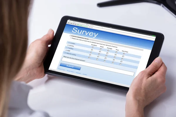 Close Person Hand Filling Online Survey Form Digital Tablet — Stock Photo, Image