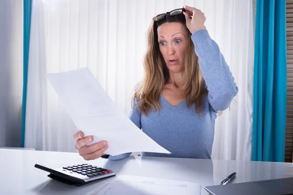 Close Mature Shocked Woman Looking Document Workplace — Stock Photo, Image