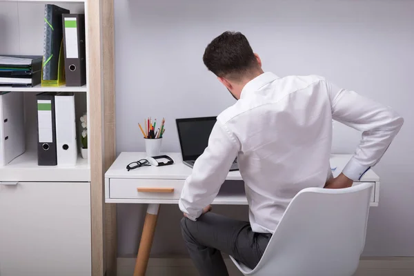 Rear View Businessman Suffering Back Pain Workplace — Stock Photo, Image