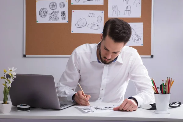 Young Male Artist Sketching White Paper Desk — Stock Photo, Image