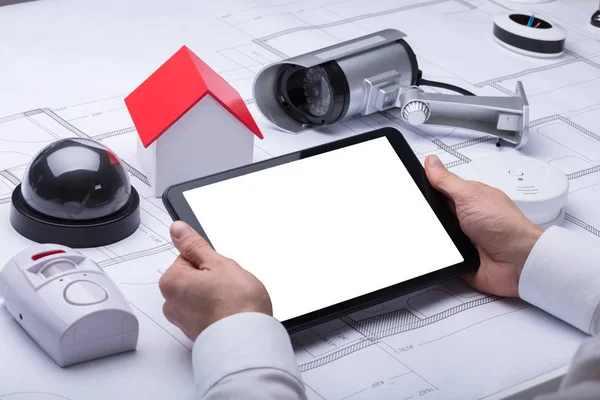 Architect Hand Using Digital Tablet Blank White Screen — Stock Photo, Image