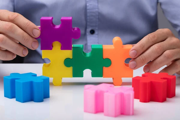 Person Hand Building Staircase Multicolored Jigsaw Puzzle — Stock Photo, Image