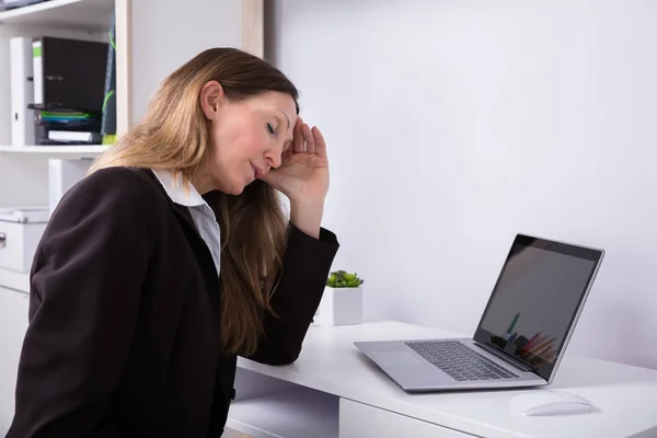 Side View Mature Businesswoman Suffering Headache Laptop Desk — стоковое фото