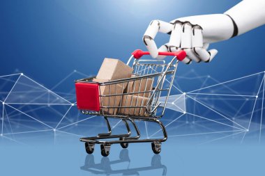 Mavi Teknoloji arka planına karşı birçok kargo kutusuyla dolu Robotik El Tutma Minyatür Alışveriş Arabası