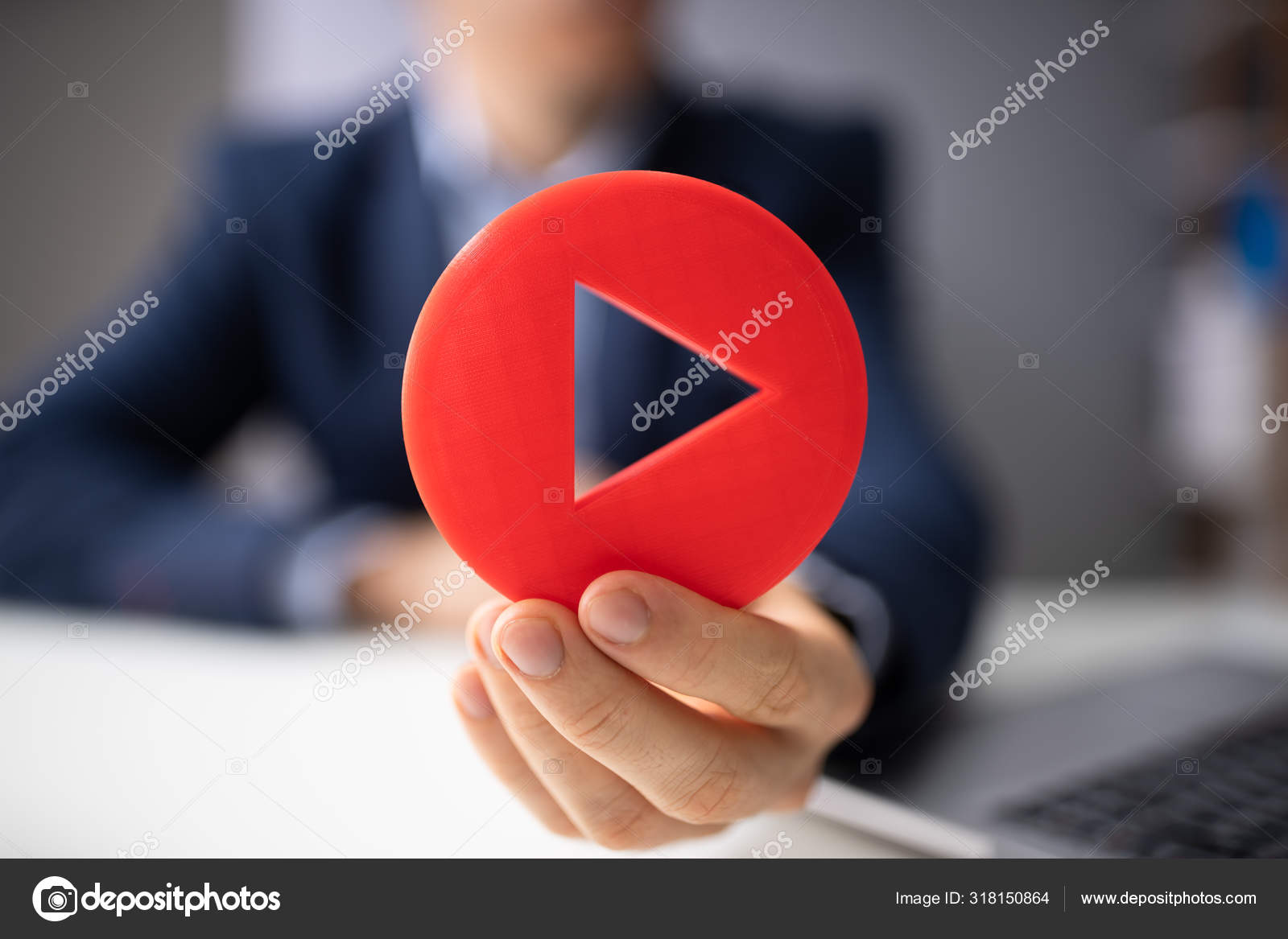 Close Man Hand Holding Red Play Icon Stock Photo Image By C Andreypopov