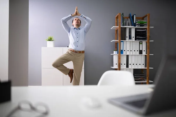 Portrait Young Businessman Stretching Office — Stock Photo, Image