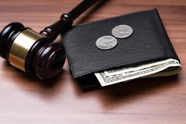 Black Leather Pocket Banknotes Coins Judge Gavel Wooden Desk — Stockfoto