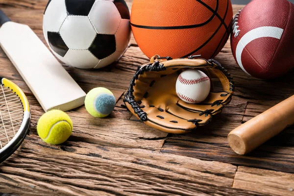 High Angle View Various Sport Accessories Textured Wooden Surface — Stock Photo, Image