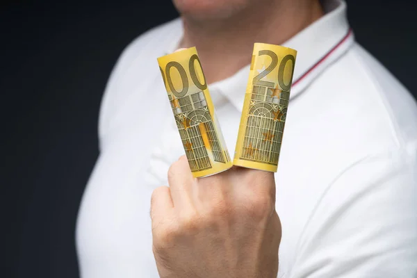 Close Man Hand Showing Rolled Two Hundred Euro Banknotes His — Stockfoto