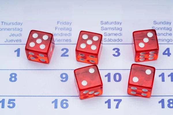Overhead View Transparent Red Dice White Dots Calendar Date — Stock Photo, Image