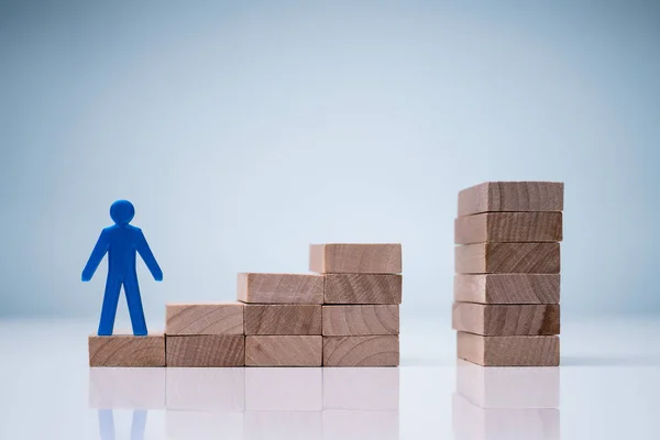 Human Model Businessman Standing Wooden Blocks Stacking Step Stairs — Stockfoto