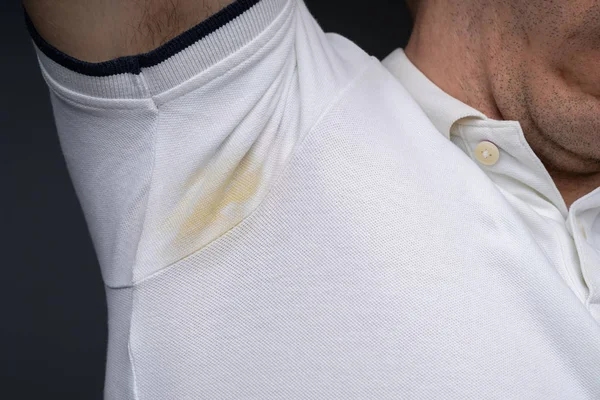 Close Man Armpit Sweating Very Badly Gray Background — Stock Photo, Image