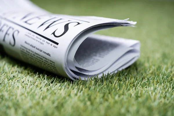 Bunch Newspapers Tied Rubber Band Green Grass Lawn — Stock fotografie