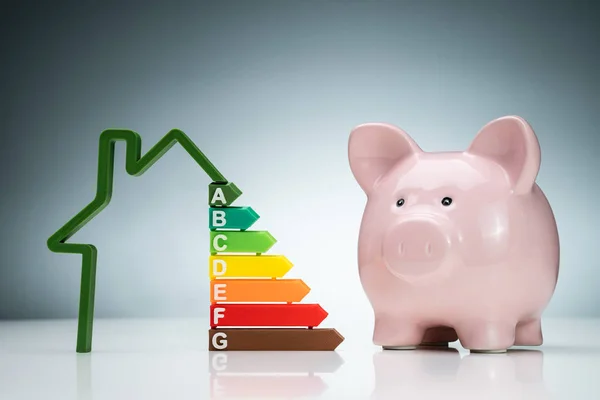 Green House Energie Efficiëntie Grafiek Buurt Van Roze Piggybank Wit — Stockfoto