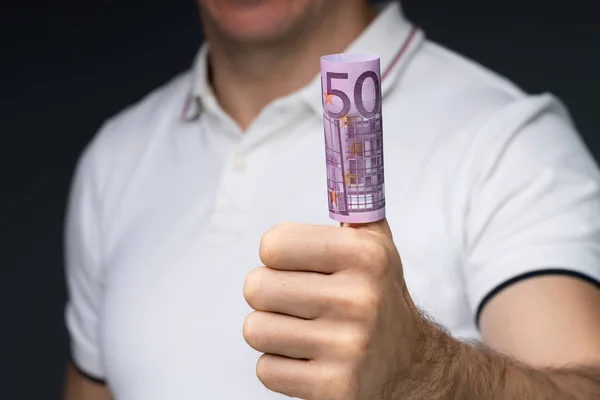 Halverwege Hand Van Een Man Die 500 Eurobiljetten Zijn Duim — Stockfoto