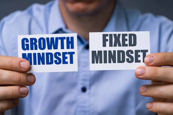 Man Showing Cards With Growth And Fixed Mindset Text