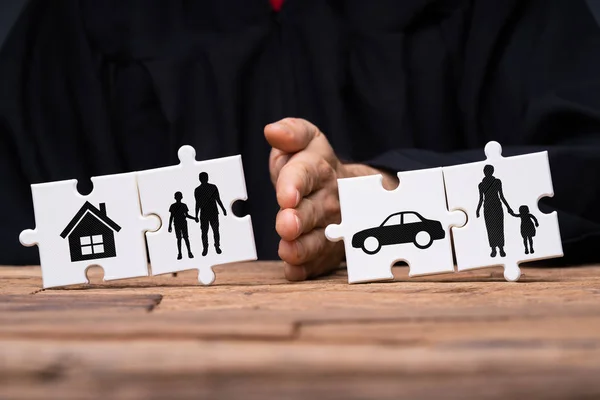 Jigsaw Puzzles Showing Separation Family House Car Divided Person Hand — Stock Photo, Image