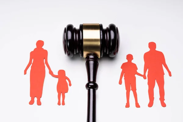 Separated Family Figure Paper Cutout Judge Gavel White Surface — Stock Photo, Image