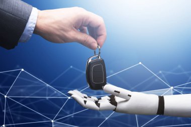 Bir iş adamının Mavi Teknoloji geçmişindeki Robota Araba Anahtarı Verdiği Yakın plan