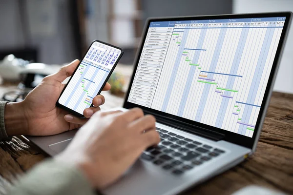 Close Mão Empresário Usando Smartphone Analisar Gráfico Gantt Laptop — Fotografia de Stock