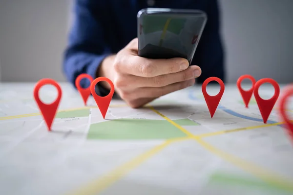 Person Using Map Red Location Markers Mobile Phone — Stock Photo, Image
