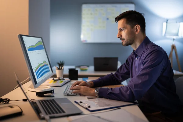 Hombre Negocios Adulto Que Trabaja Hasta Tarde Escritorio Oficina —  Fotos de Stock