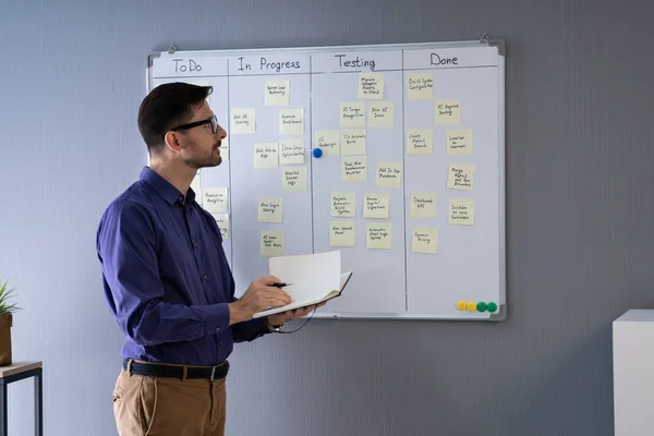 Zijaanzicht Van Zakenman Schrijven Kleverige Nota Gehecht Aan White Board — Stockfoto