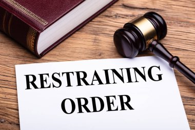 Elevated View Of Document With Restraining Order Title Near Judge Gavel And Law Book clipart