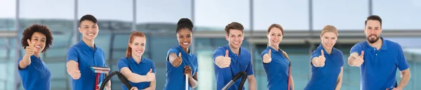 Portrait Smiling Diverse Young Janitors Cleaning Equipment Window Glass — Stock Photo, Image