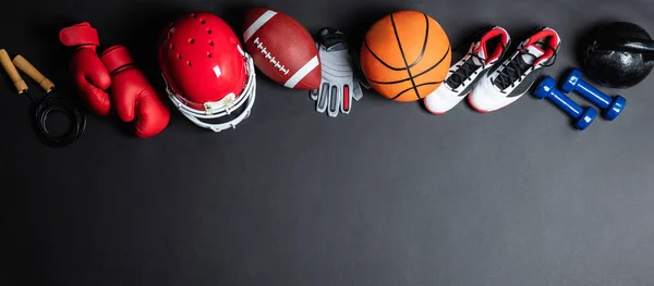 Panoramic View Different Sports Balls Equipment Black Surface — Stock Photo, Image
