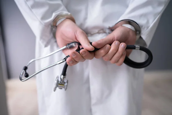 Close Doctor Hands Stethoscope Handcuffs — Stock Photo, Image