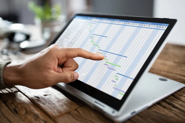 Close Businessman Working Gantt Chart Laptop Desk — Stok Foto