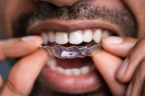 Close Man Hand Putting Transparent Aligner Teeth — 스톡 사진