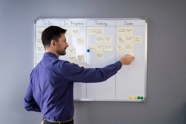 Zijaanzicht Van Zakenman Schrijven Kleverige Nota Gehecht Aan White Board — Stockfoto