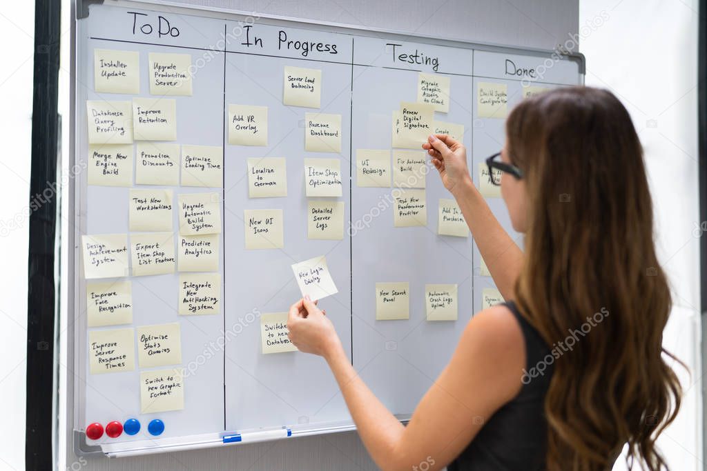 Side View Of Businesswoman Writing On Sticky Notes Attached To White Board In Office