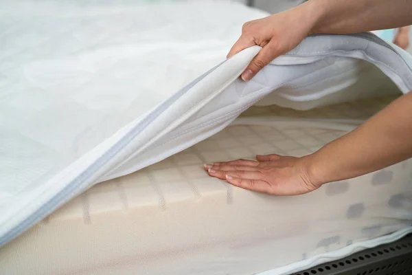 Hand Testing Orthopedic Memory Foam Core Mattress — Stock Photo, Image