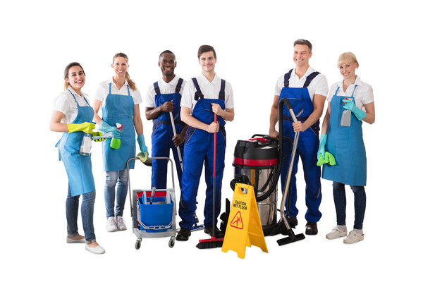 Diverse Group Of Professional Janitor Standing With His Cleaning Equipment Against White Background