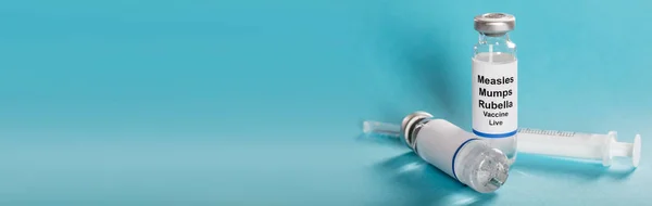 Measles Mumps Rubella Vaccine Vials Syringe Turquoise Background — Zdjęcie stockowe