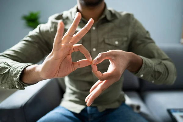 Man Using Sign Language Communicate Home — Stock Photo, Image