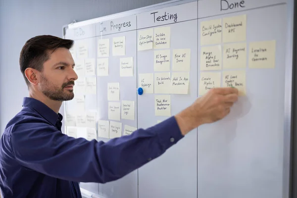 Side View Of Businessman Writing On Sticky Notes Attached To White Board In Office