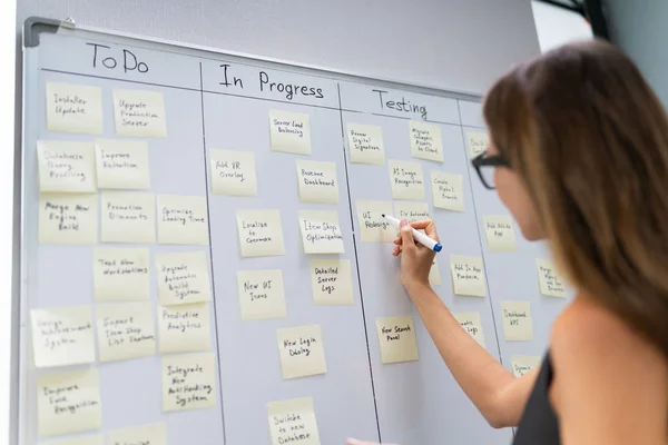 Side View Of Businesswoman Writing On Sticky Notes Attached To White Board In Office