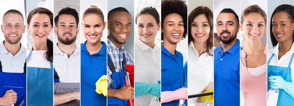 Collage Professioneller Reinigungskräfte Verschiedene Personengruppen Porträtiert — Stockfoto