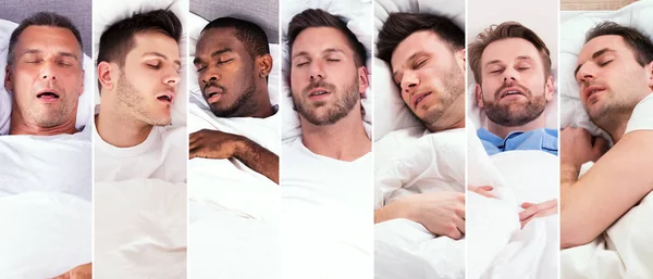 Mężczyźni Chrapanie Podczas Snu Kolażu Łóżka — Zdjęcie stockowe
