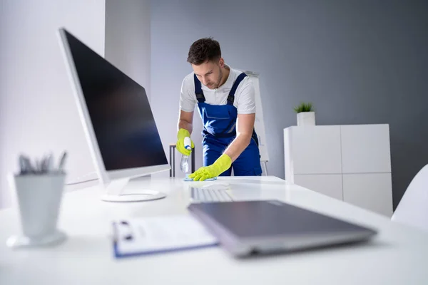 Portrait Happy Young Maid Cleaning Glass Table Office — Stock Photo, Image