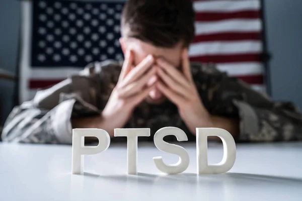 Close Male Soldier Military Uniform Front Ptsd Text — Stock Photo, Image