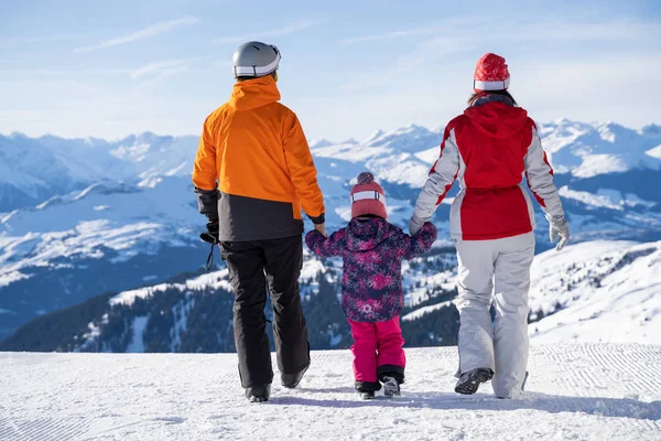 Visão Traseira Uma Família Segurando Mãos Frente Montanhas Cobertas Neve — Fotografia de Stock