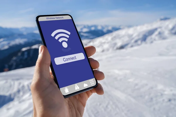 Hand Holding Mobile Phone Wireless Signal Mountains — 스톡 사진
